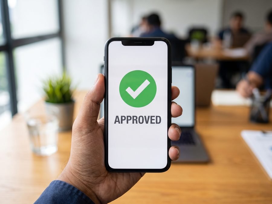 Loan approval confirmation shown on a mobile phone